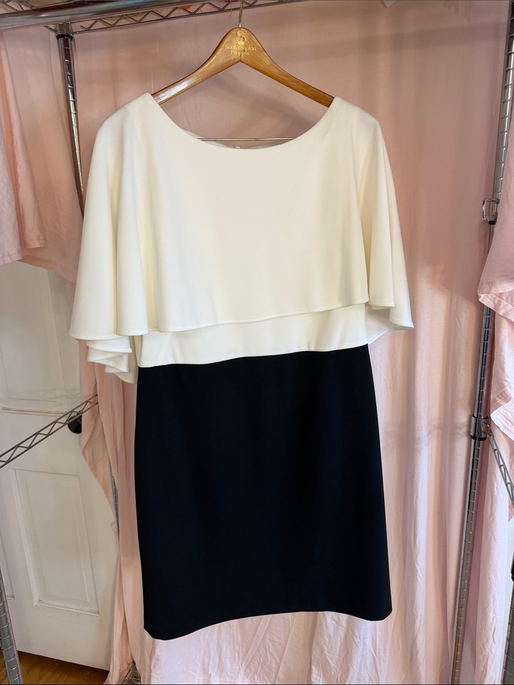 Calvin Klein Ivory and Black Two-Tone Cape Sheath Dress
